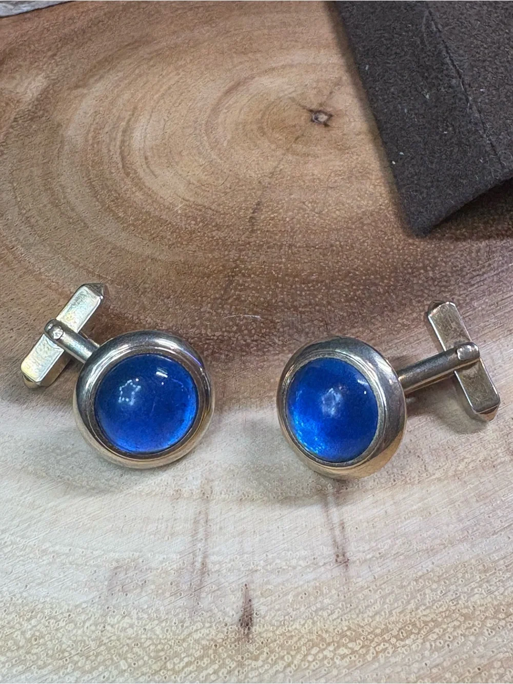 SWANK Silver Round Cufflinks with Deep Blue Glass